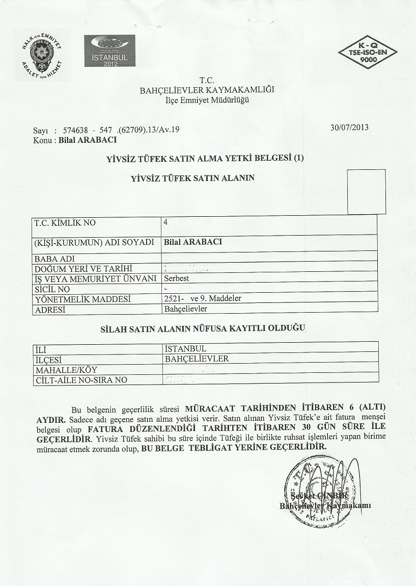 Av Tüfeği Satın Alma Belgesi Örneği