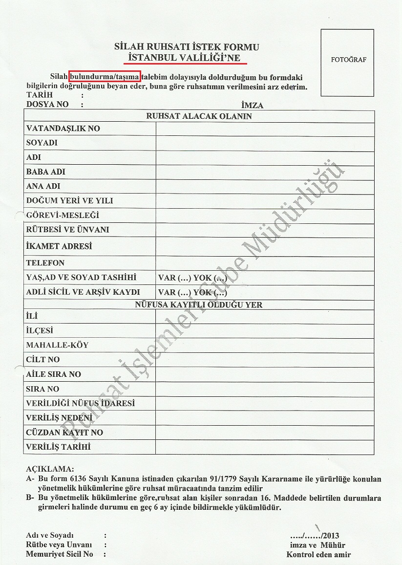 Yivsiz Av Tüfeği Ruhsatı İçin Silah Ruhsatı Formu Örneği
